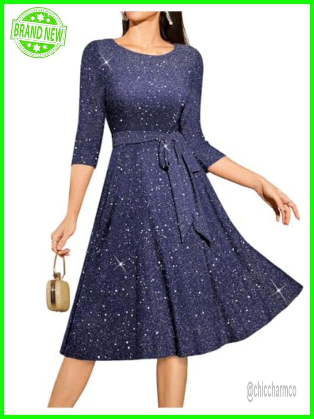 Sequin Cocktail Dress 3/4 Sleeve Fit & Flare Wedding Guest Tea Length
